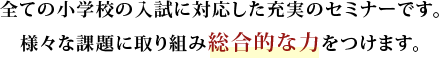 全ての小学校の入試に対応した充実のセミナーです。様々な課題に取り組み総合的な力をつけます。